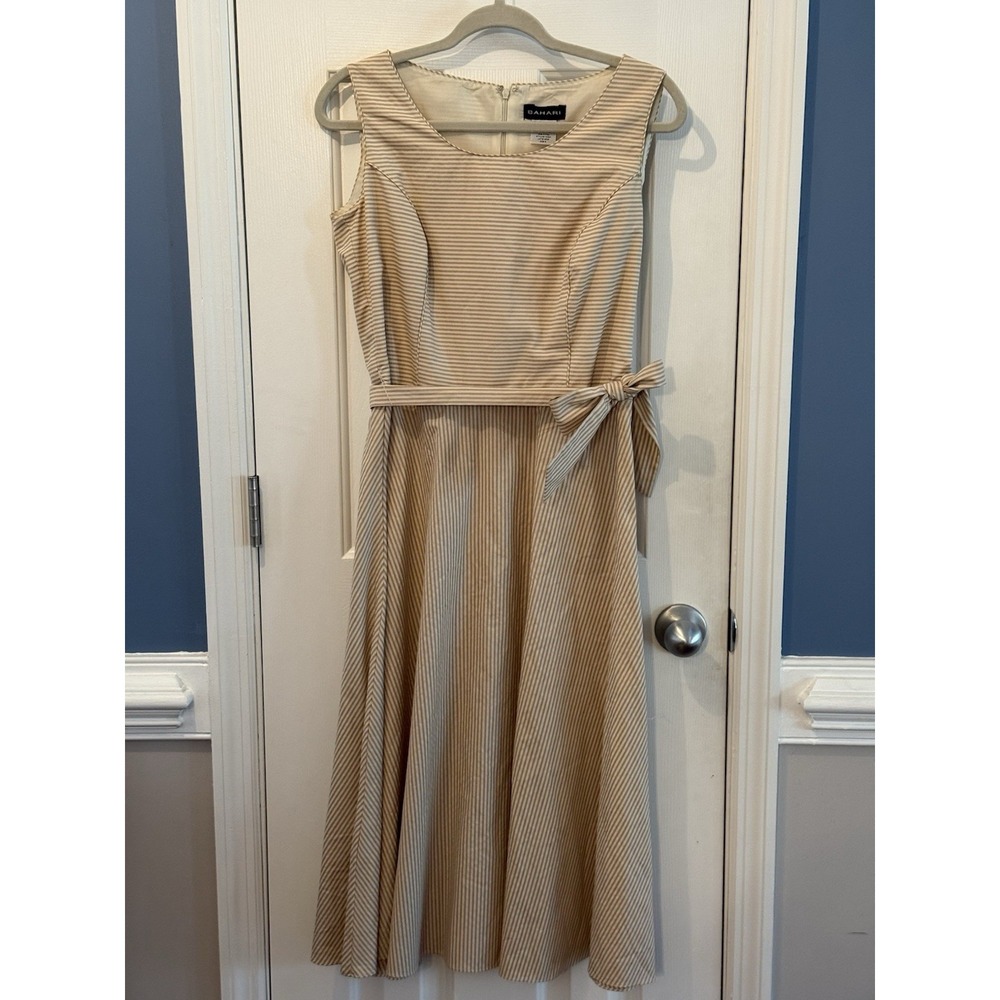 Bahari Tan White Strip Sleeveless Midi Dress Size 6 Classic Preppy Spring Chic